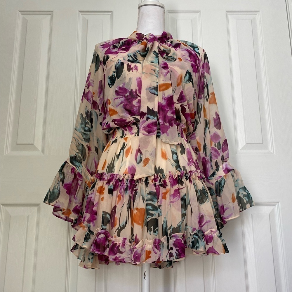 Misa- Multicolored Large Floral Longsleeve Mini Ruffle Dress with Neck Tie - Picture 5 of 10